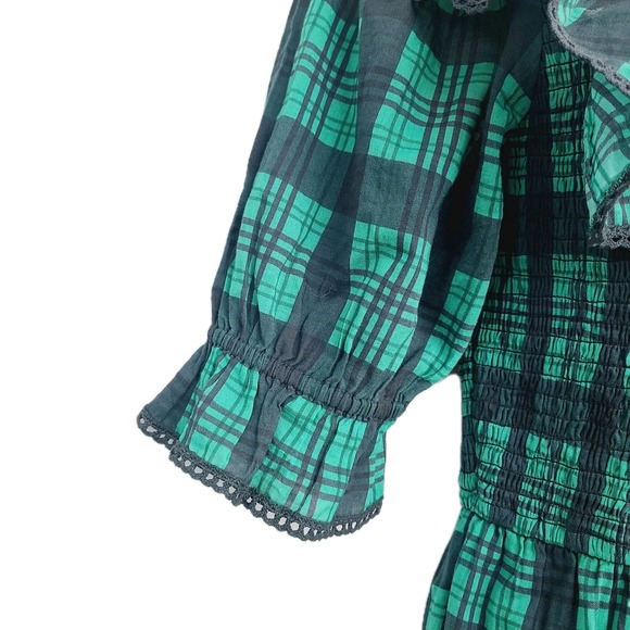 Ivy City Co Plaid Smocked Jumpsuit S Green Blue Puff Sleeve Square Ruffle Neck - Picture 3 of 11